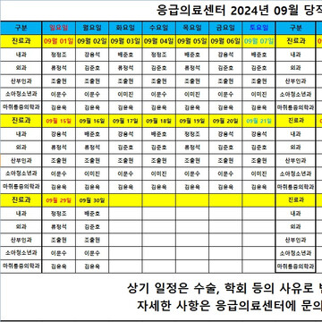 2024년 9월 응급의료센터 당직의 근무표