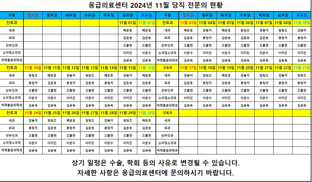 2024년 11월 응급의료센터 당직의 근무표