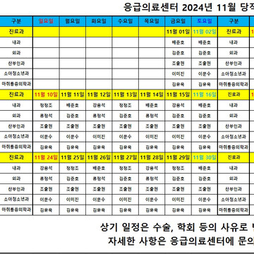 2024년 11월 응급의료센터 당직의 근무표