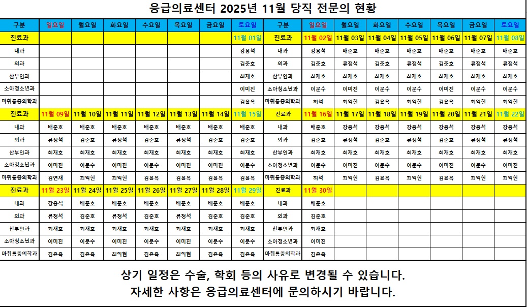 2025년 11월 응급센터 당직의 근무표